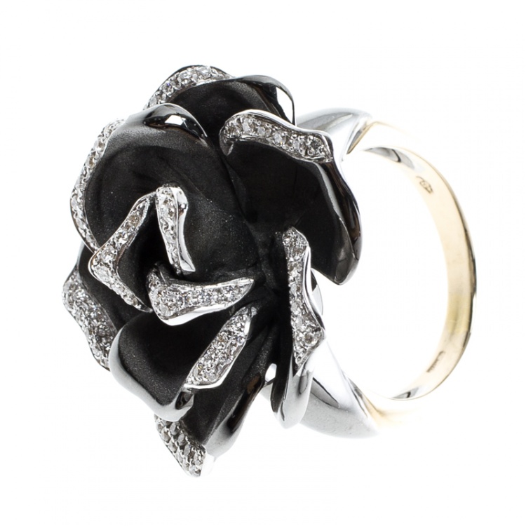 Pre Owned Annamaria Cammilli Black Rose Diamond & Black Rhodium Plated 18k Gold Cocktail Ring Size 51