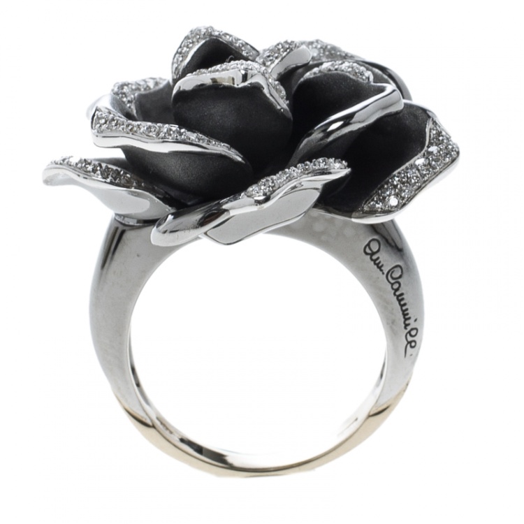 Pre Owned Annamaria Cammilli Black Rose Diamond & Black Rhodium Plated 18k Gold Cocktail Ring Size 51