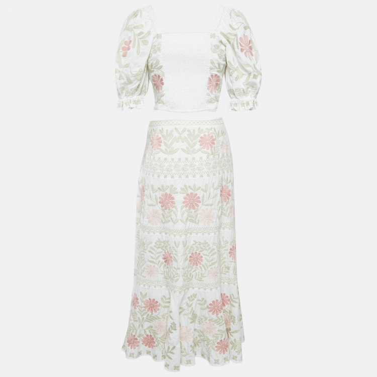 Pre Owned Antonio Melani White Floral Embroidered Top and Skirt Set S