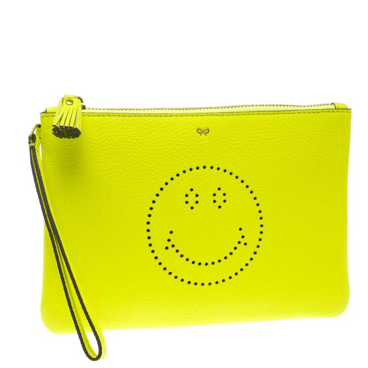 مملوكة مسبقًا Anya Hindmarch Neon Yellow Leather Smiley Zip Top Pouch