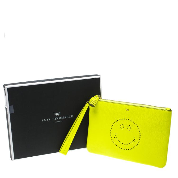 مملوكة مسبقًا Anya Hindmarch Neon Yellow Leather Smiley Zip Top Pouch