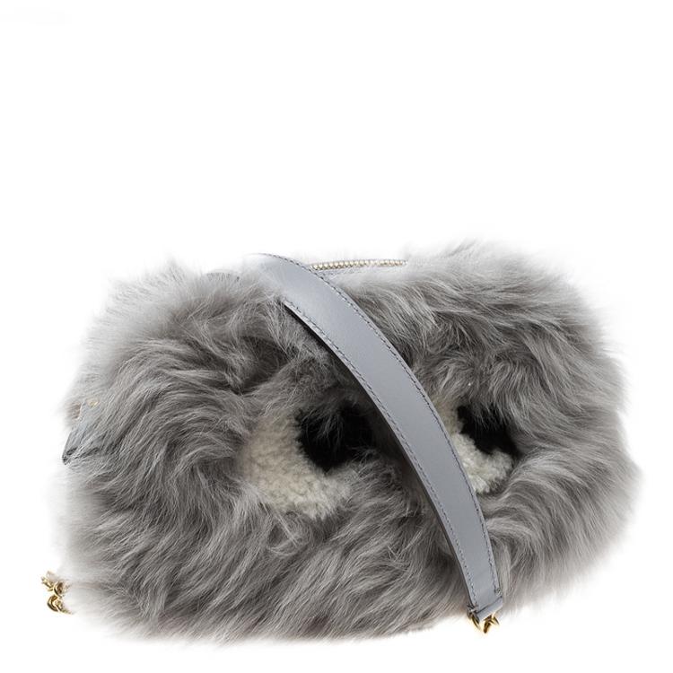 Pre Owned Anya Hindmarch Grey Shearling Mini Eyes Crossbody Bag