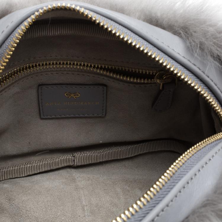 Pre Owned Anya Hindmarch Grey Shearling Mini Eyes Crossbody Bag