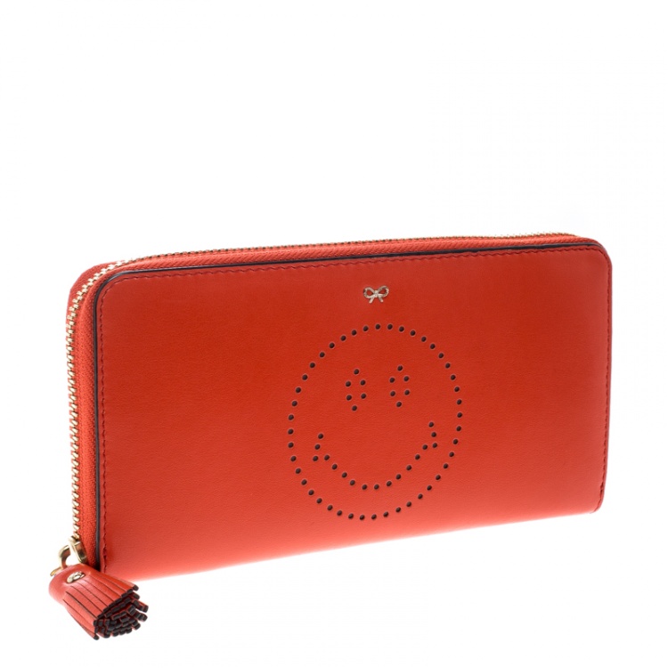 Pre Owned Anya Hindmarch Orange Leather Smiley Zip Around Continental Wallet 