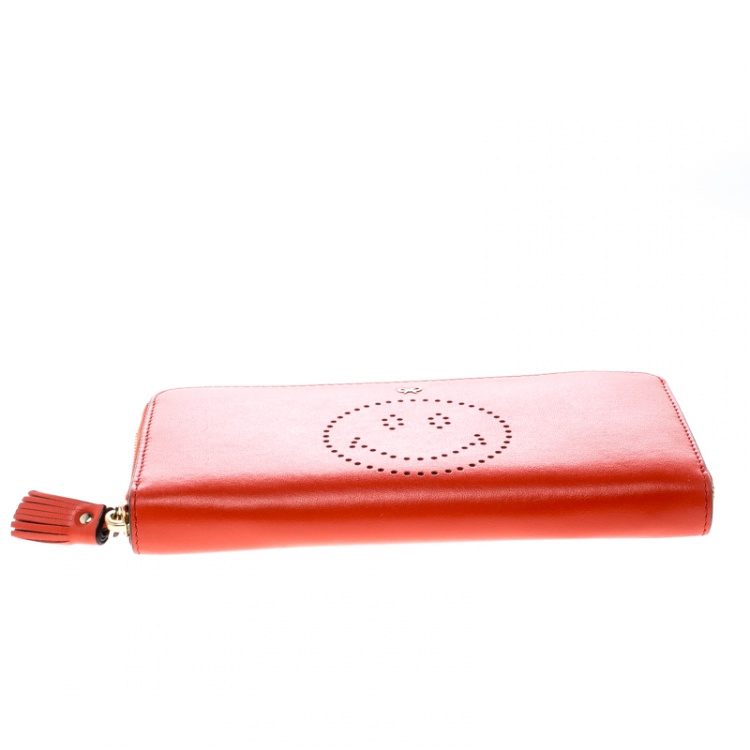 Pre Owned Anya Hindmarch Orange Leather Smiley Zip Around Continental Wallet 