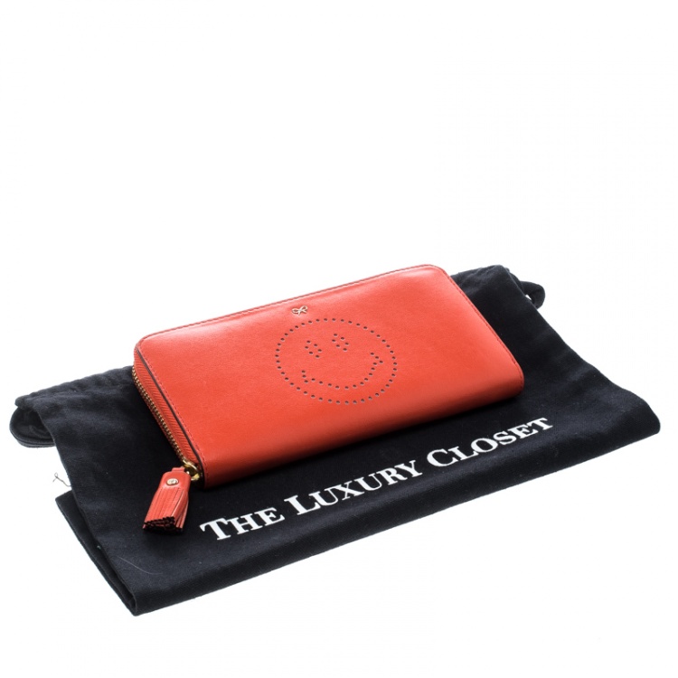 Pre Owned Anya Hindmarch Orange Leather Smiley Zip Around Continental Wallet 