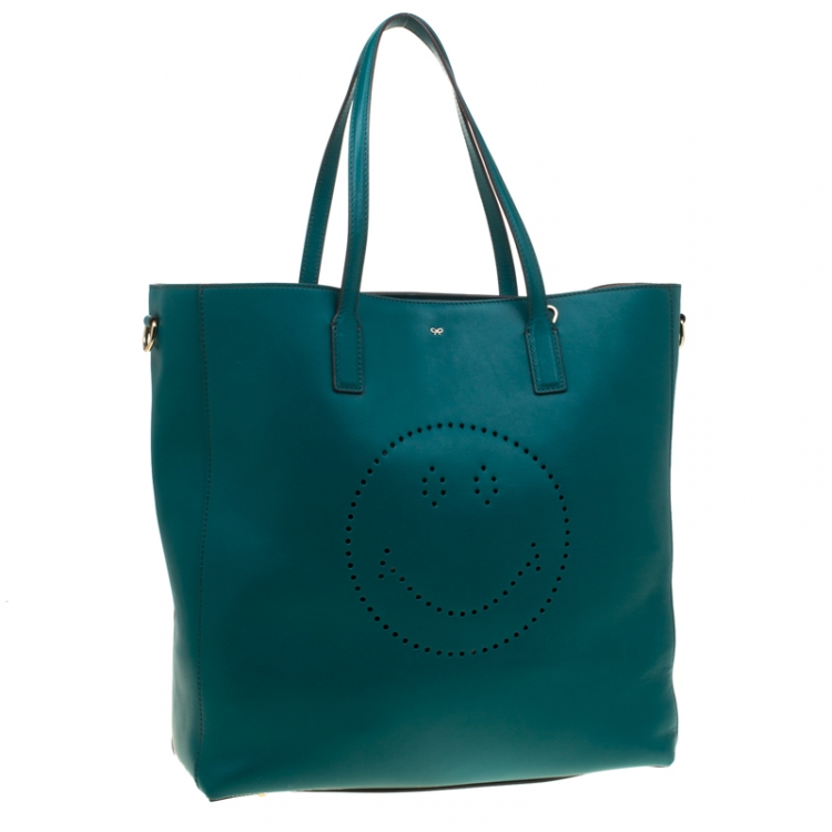 Pre Owned Anya Hindmarch Green Leather Smiley Ebury Shopper Tote