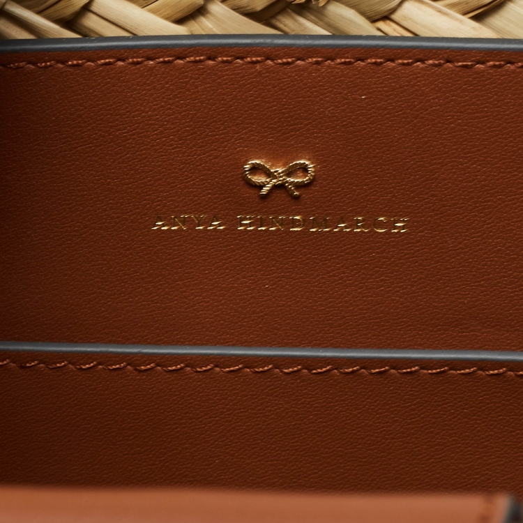 Pre Owned Anya Hindmarch Brown/Natural Seagrass Small Paper Eyes Basket Tote 