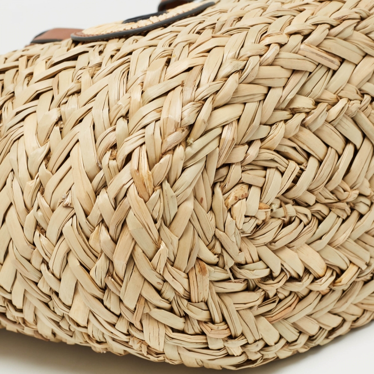 Pre Owned Anya Hindmarch Brown/Natural Seagrass Small Paper Eyes Basket Tote 