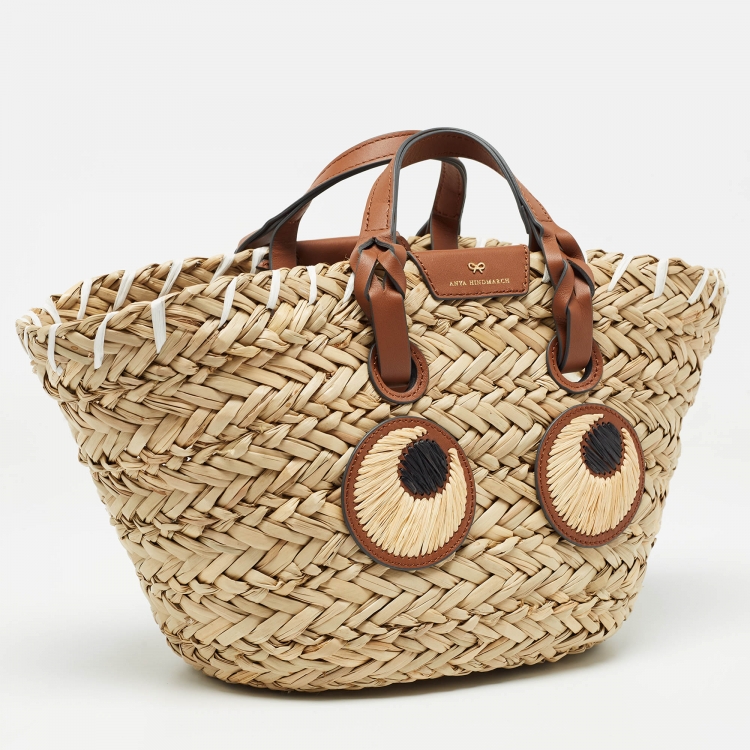 Pre Owned Anya Hindmarch Brown/Natural Seagrass Small Paper Eyes Basket Tote 