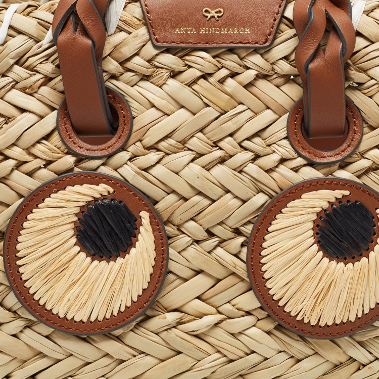 Pre Owned Anya Hindmarch Brown/Natural Seagrass Small Paper Eyes Basket Tote 