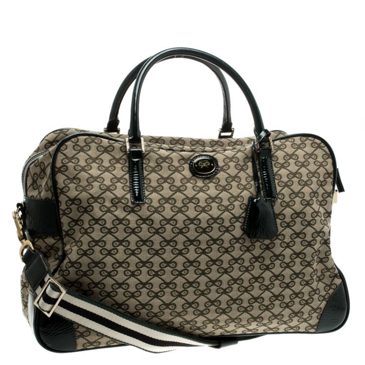 Pre Owned Anya Hindmarch Beige/Green Iconic Lattice Print Canvas Weekender 