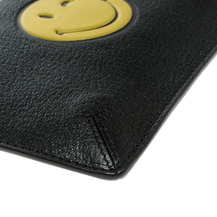 Pre Owned Anya Hindmarch Back Leather Wink Smiley Zip Top Pouch