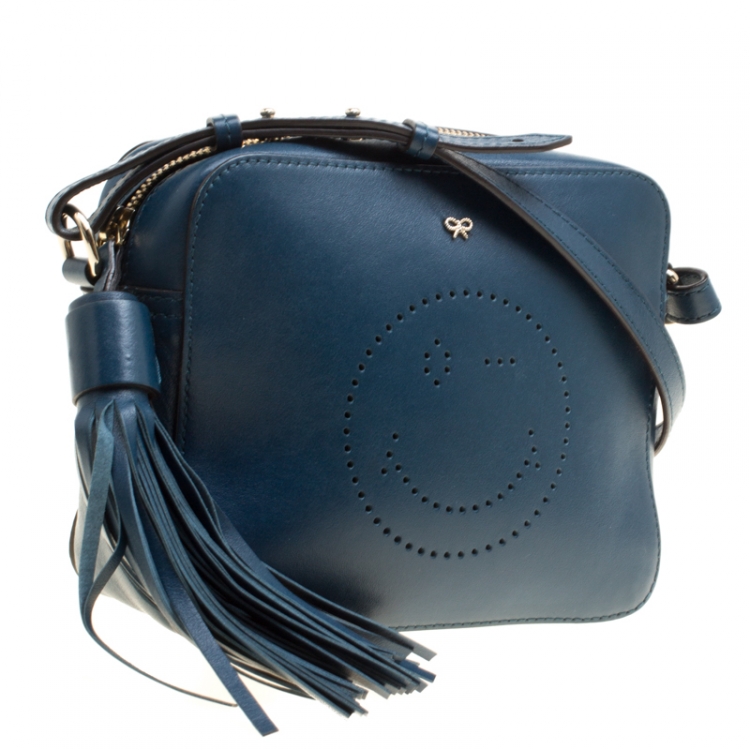 Pre Owned Anya Hindmarch Blue Leather Smiley Crossbody Bag