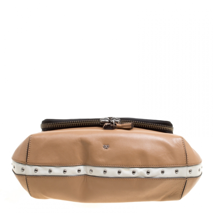 Pre Owned Anya Hindmarch Beige/White Leather Vere Studded Top Handle Bag