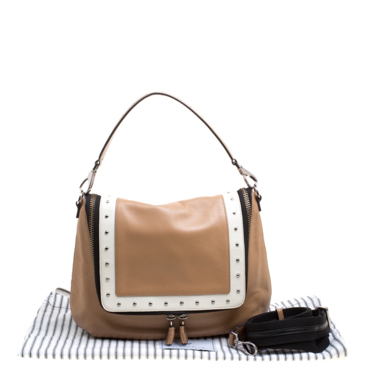 Pre Owned Anya Hindmarch Beige/White Leather Vere Studded Top Handle Bag