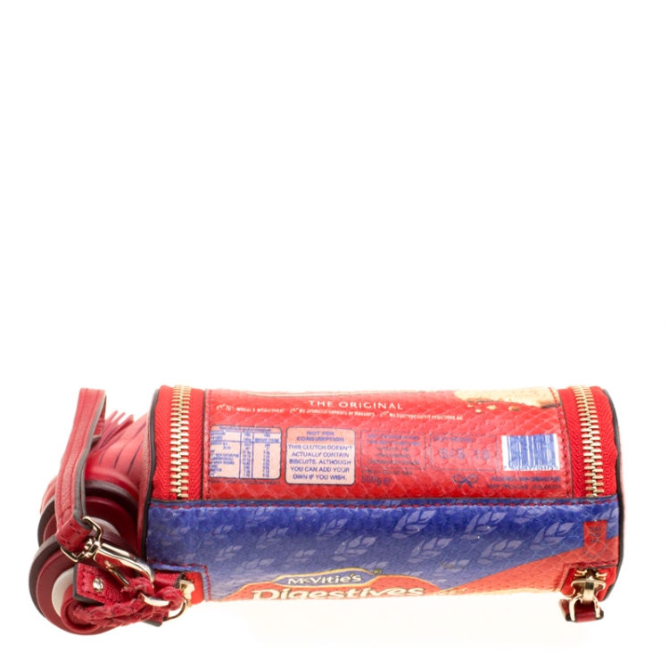 Pre Owned Anya Hindmarch Red Python Embossed Digestives Print Leather Wristlet Pouch
