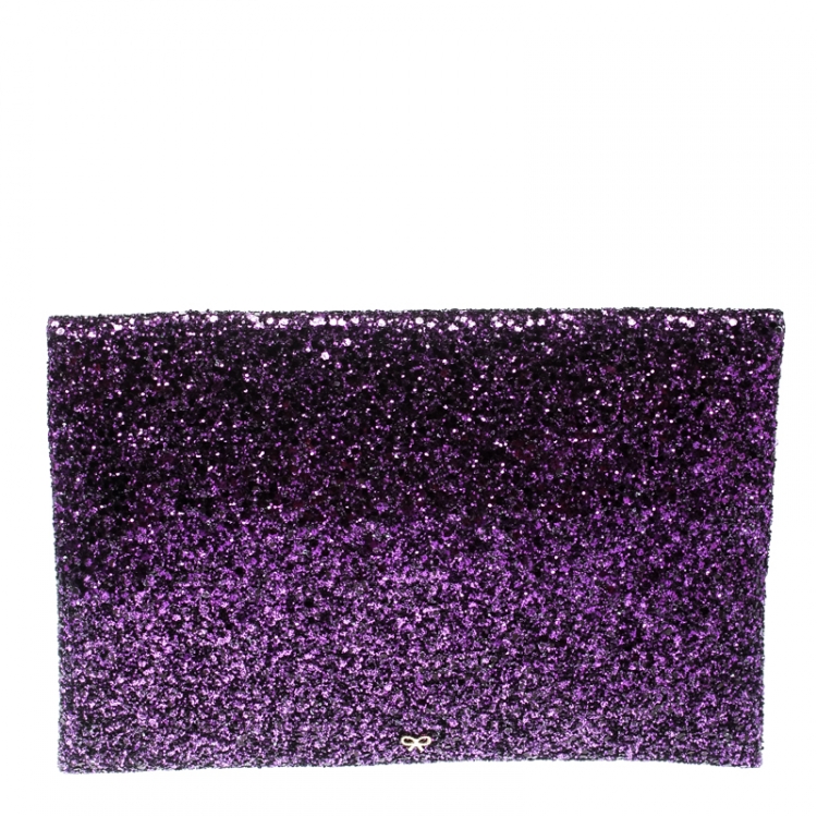 Pre Owned Anya Hindmarch Metallic Purple Glitter Valorie Clutch