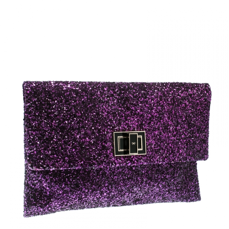 Pre Owned Anya Hindmarch Metallic Purple Glitter Valorie Clutch
