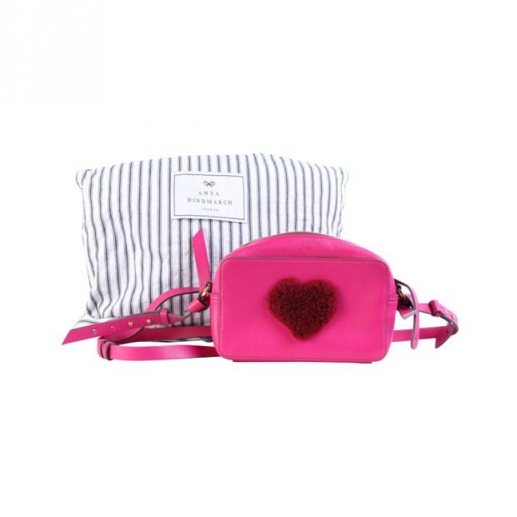 Pre Owned Anya Hindmarch Fuschia Pink Leather Fur Heart Crossbody Bag