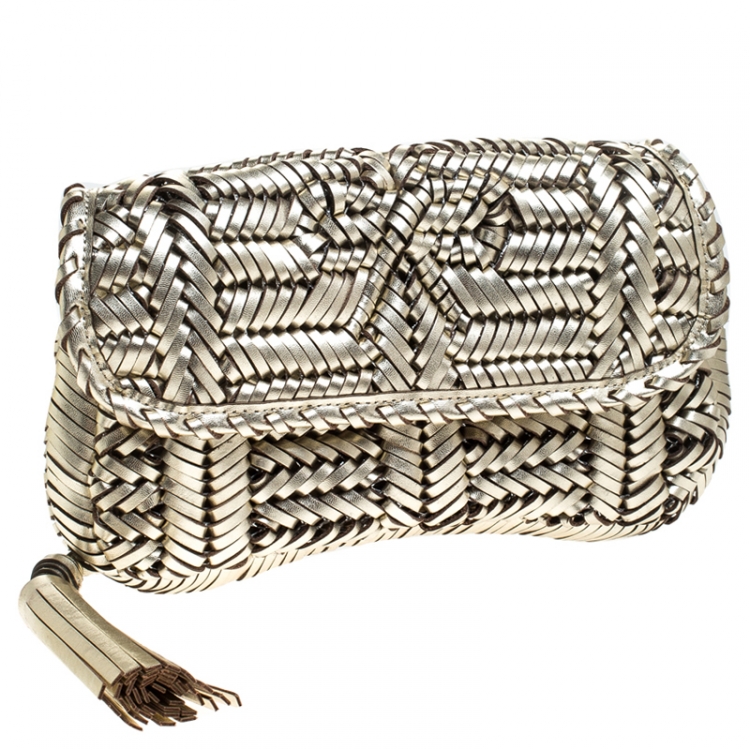 Pre Owned Anya Hindmarch Metallic Gold Leather Rossum Woven Clutch
