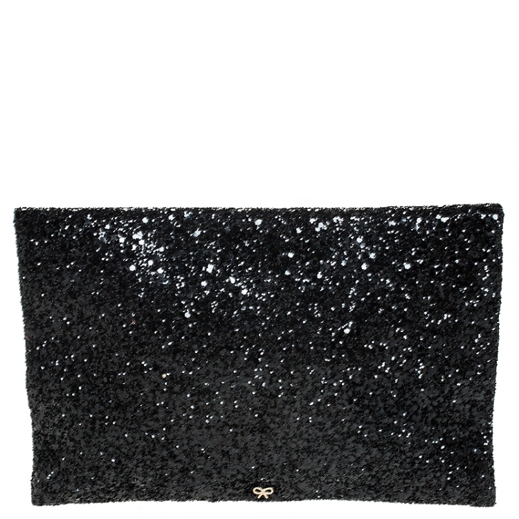 Pre Owned Anya Hindmarch Black Glitter Flap Clutch