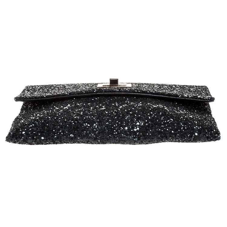 Pre Owned Anya Hindmarch Black Glitter Flap Clutch