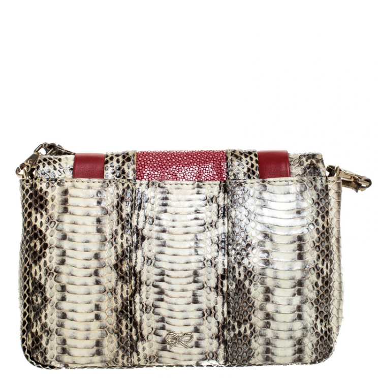 Pre Owned Anya Hindmarch Red/Cream Python,Leather and Stingray Stripy Gracie Flap Bag