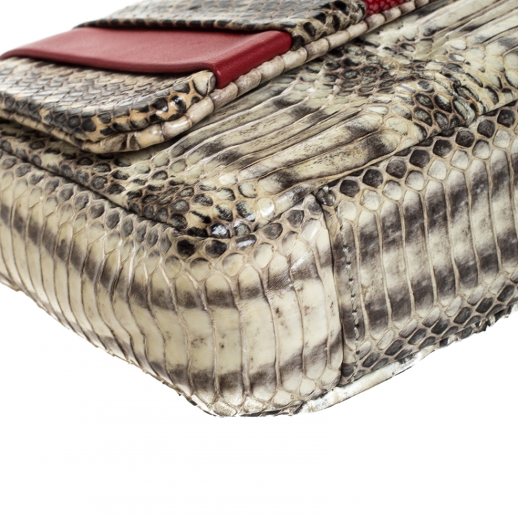Pre Owned Anya Hindmarch Red/Cream Python,Leather and Stingray Stripy Gracie Flap Bag