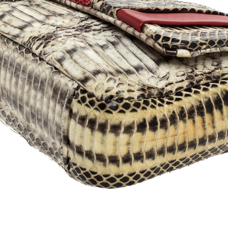 Pre Owned Anya Hindmarch Red/Cream Python,Leather and Stingray Stripy Gracie Flap Bag