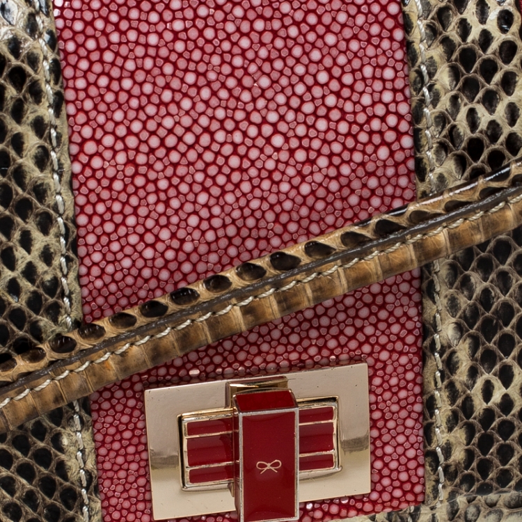 Pre Owned Anya Hindmarch Red/Cream Python,Leather and Stingray Stripy Gracie Flap Bag
