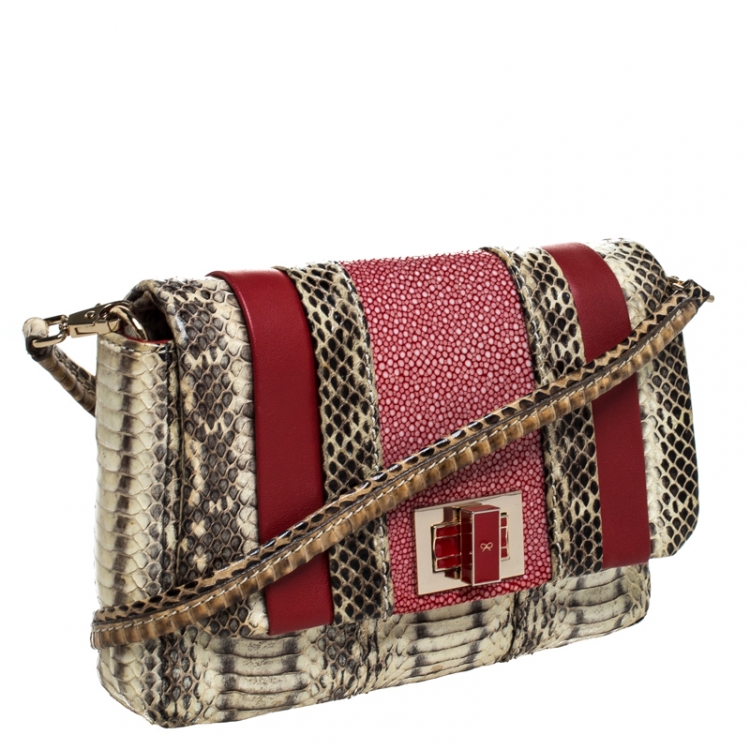 Pre Owned Anya Hindmarch Red/Cream Python,Leather and Stingray Stripy Gracie Flap Bag