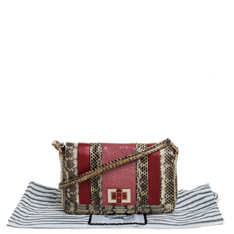 Pre Owned Anya Hindmarch Red/Cream Python,Leather and Stingray Stripy Gracie Flap Bag