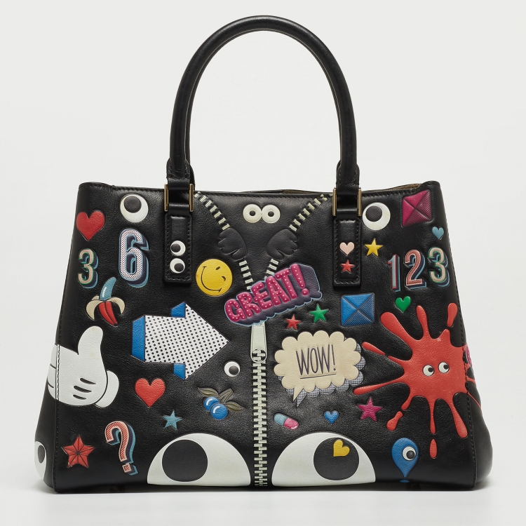 Pre Owned Anya Hindmarch Black Leather Ebury All Over Stickers Tote