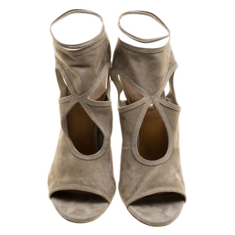 Pre Owned Aquazzura Khaki Green Suede Sexy Thing Cutout Sandals Size 38.5