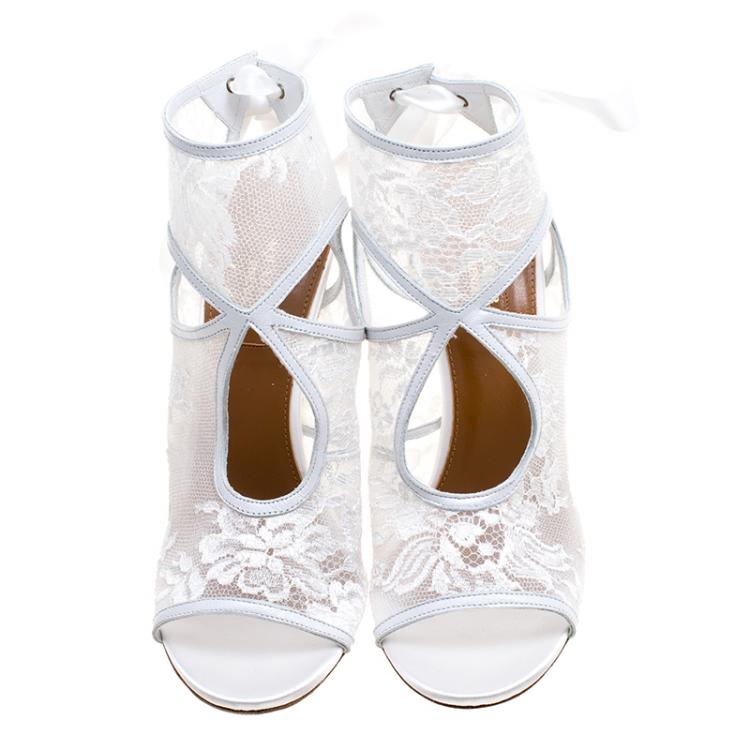 Pre Owned Aquazzura White Lace and Leather Sexy Thing Bridal Cut Out Sandals Size 38