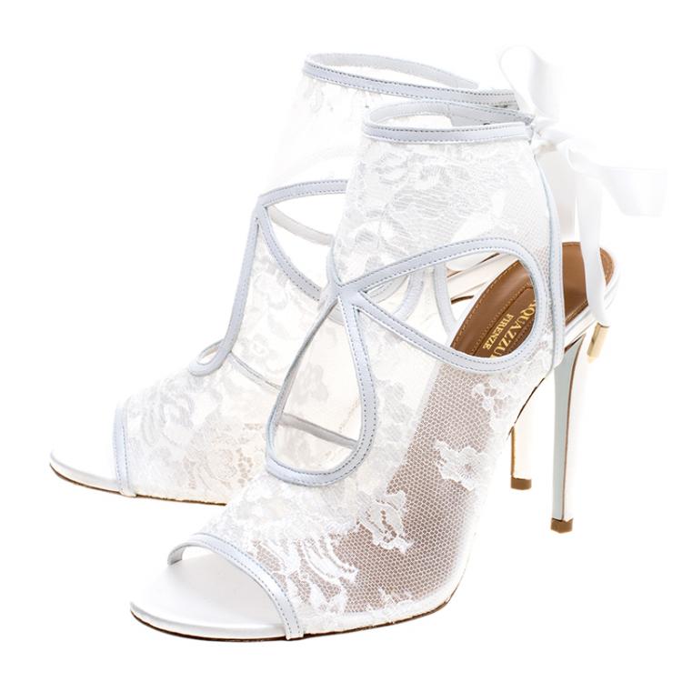 Pre Owned Aquazzura White Lace and Leather Sexy Thing Bridal Cut Out Sandals Size 38