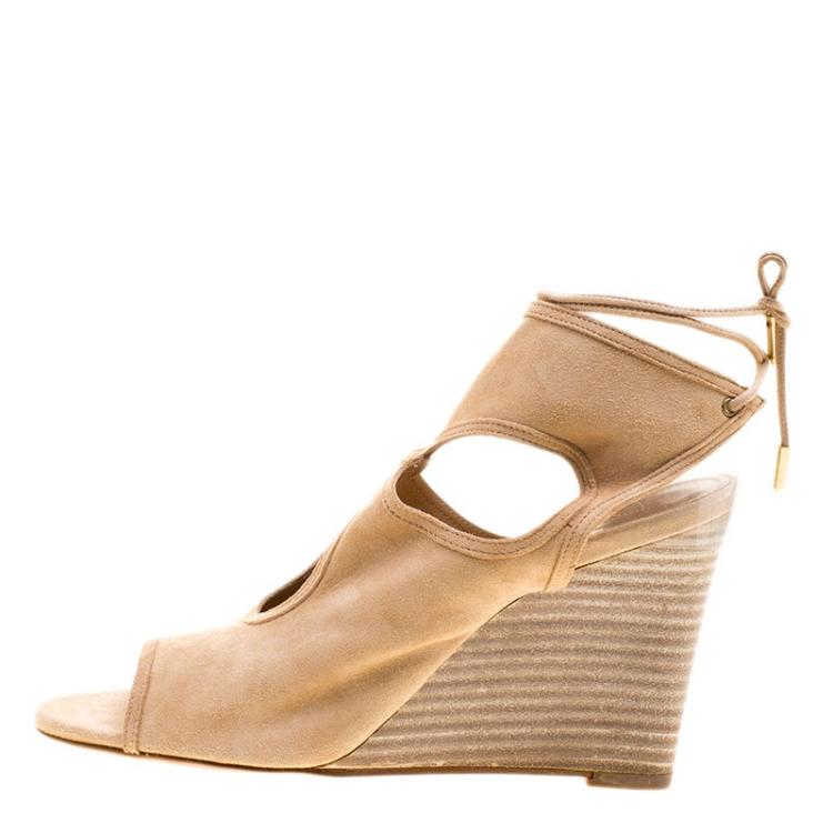 Pre Owned Aquazzura Beige Suede Sexy Thing Cutout Wedge Sandals Size 38.5