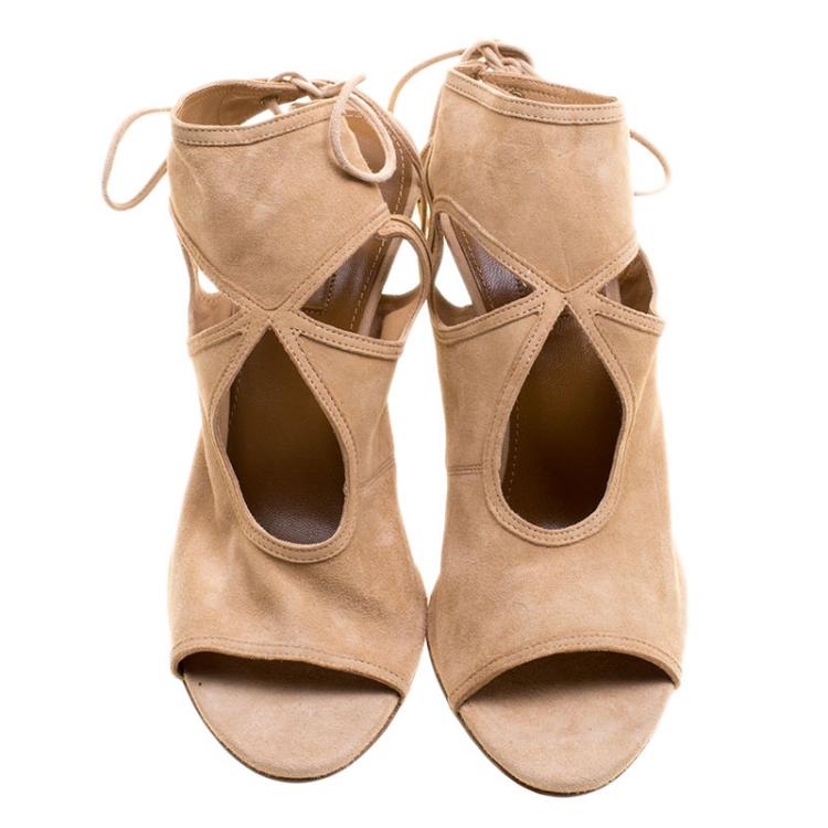 Pre Owned Aquazzura Beige Suede Sexy Thing Cutout Wedge Sandals Size 38.5