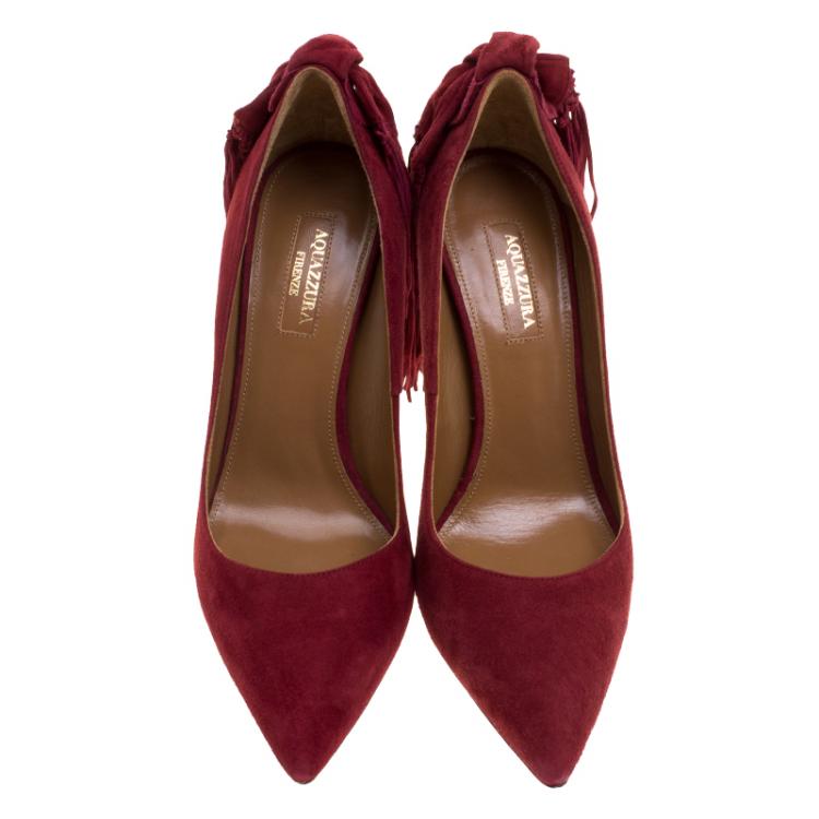 Pre Owned Aquazzura Pomegranate Red Suede Fringe Tie Pointed Toe Pumps Size 38
