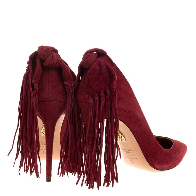 Pre Owned Aquazzura Pomegranate Red Suede Fringe Tie Pointed Toe Pumps Size 38