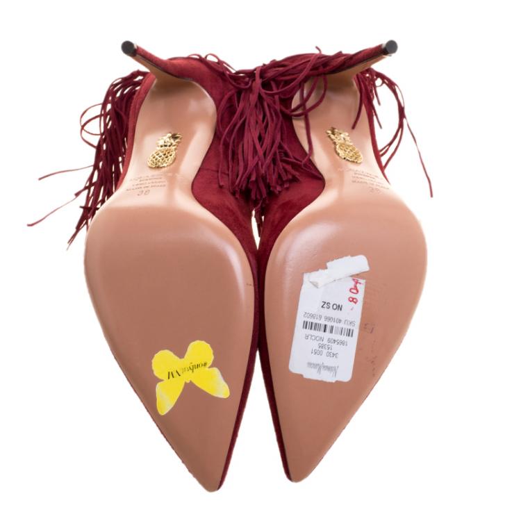 Pre Owned Aquazzura Pomegranate Red Suede Fringe Tie Pointed Toe Pumps Size 38