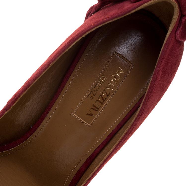 Pre Owned Aquazzura Pomegranate Red Suede Fringe Tie Pointed Toe Pumps Size 38