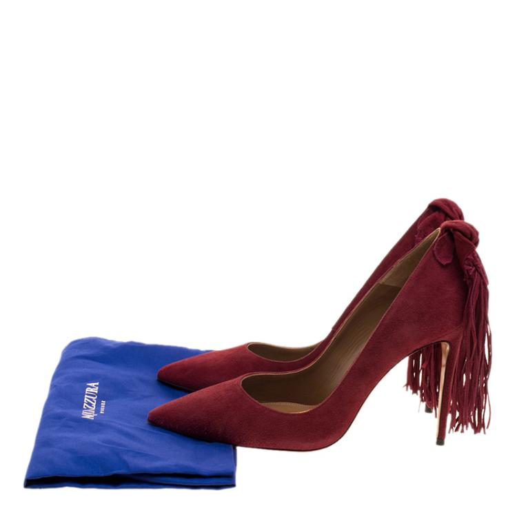 Pre Owned Aquazzura Pomegranate Red Suede Fringe Tie Pointed Toe Pumps Size 38