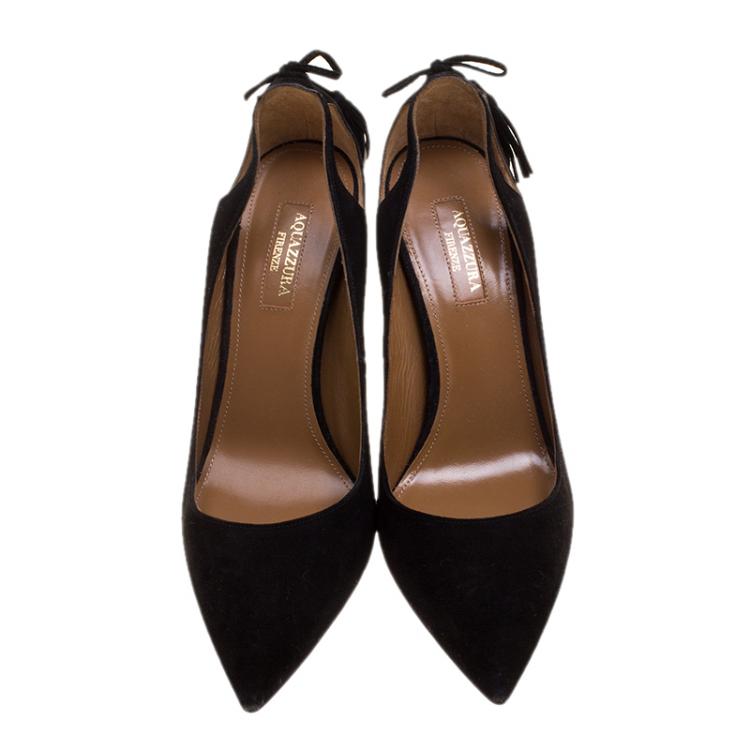 مملوكة مسبقًا Aquazzura Black Suede Forever Marilyn Fringe Bow Pointed Toe Pumps Size 38.5