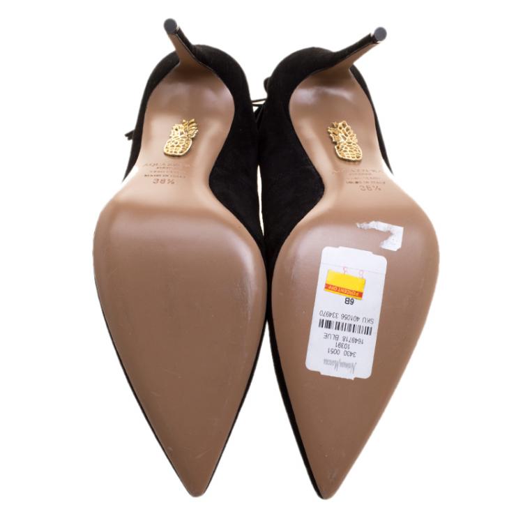 مملوكة مسبقًا Aquazzura Black Suede Forever Marilyn Fringe Bow Pointed Toe Pumps Size 38.5