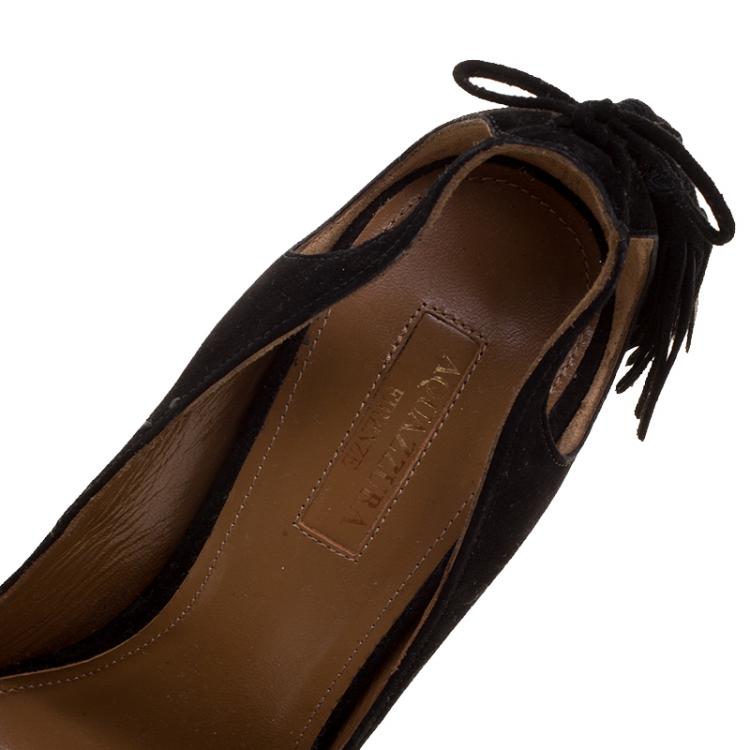 مملوكة مسبقًا Aquazzura Black Suede Forever Marilyn Fringe Bow Pointed Toe Pumps Size 38.5
