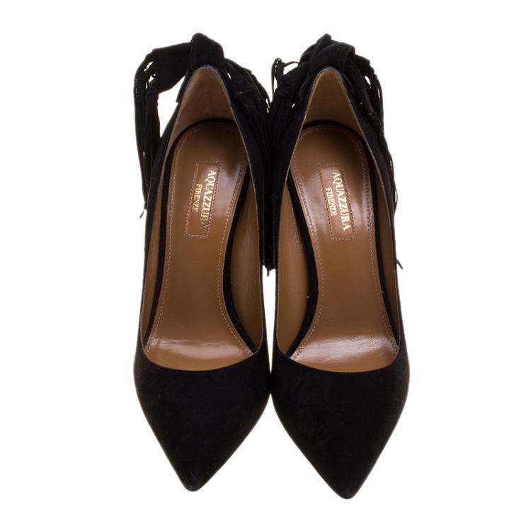 Pre Owned Aquazzura Black Suede Fringe Tie Pointed Toe Pumps Size 37