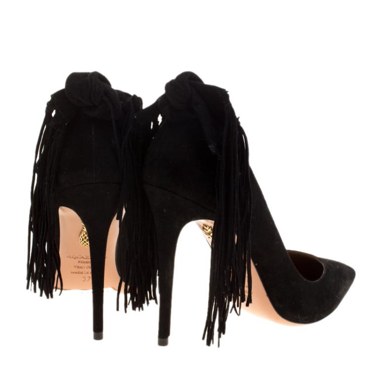 Pre Owned Aquazzura Black Suede Fringe Tie Pointed Toe Pumps Size 37