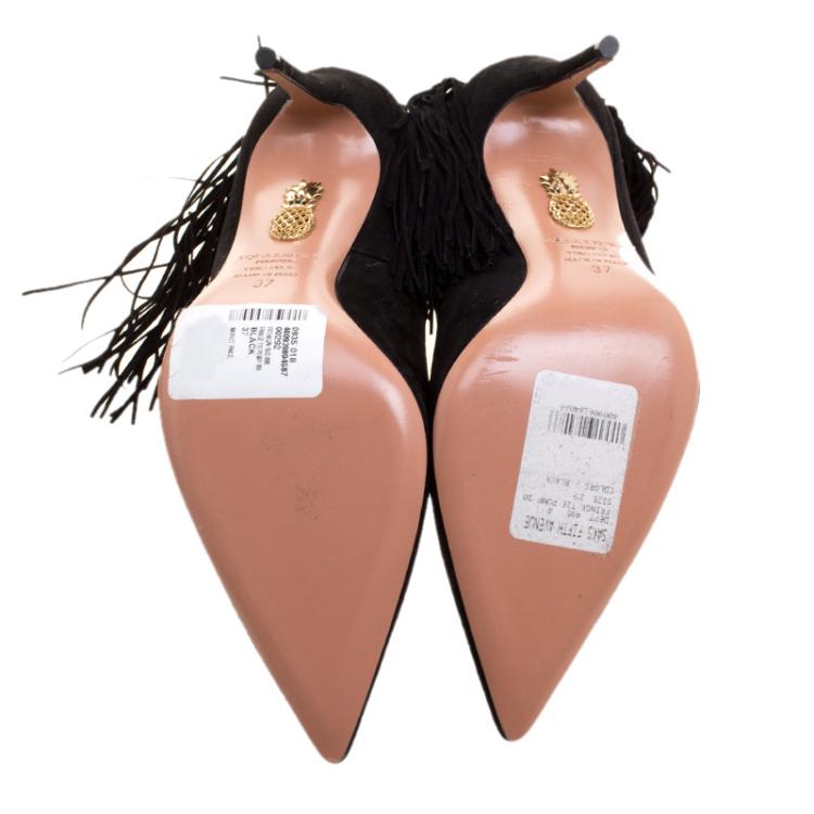 Pre Owned Aquazzura Black Suede Fringe Tie Pointed Toe Pumps Size 37